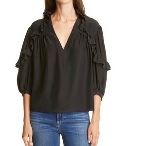 FRAME Cali Ruffle Trim Silk Top